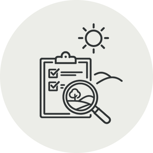 An outline of a clipboard with checkmarks, a magnifying glass showing a landscape with a tree, hills, and a sun in the background.