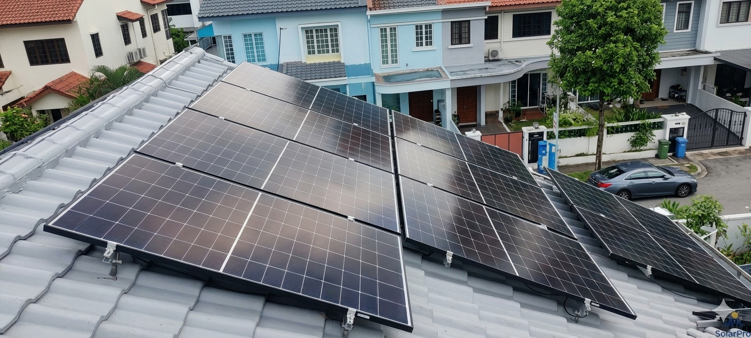 Multiple solar panels installed on a tiled residential roof, with a neighborhood street, houses, trees, and parked cars visible in the background.