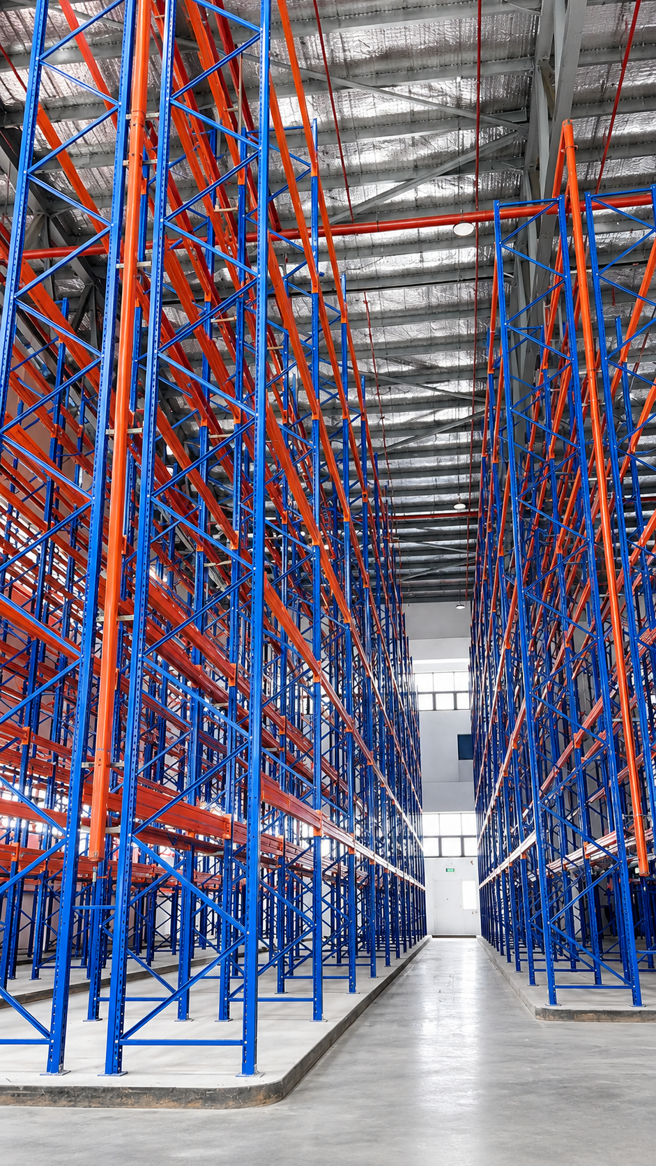 Warehouse interior with tall orange and blue metal shelving units, clear aisle, high ceiling with silver insulation, and natural light through large windows.