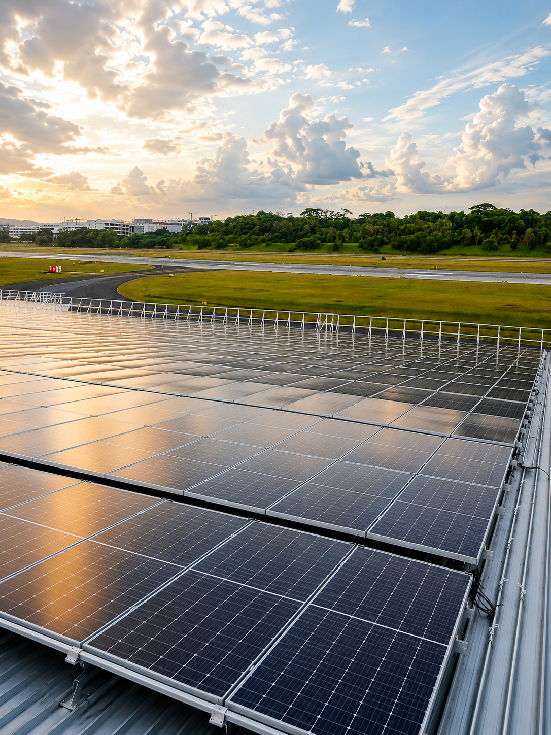 Photovoltaic solar panels installed on a rooftop with an airport runway, green trees and a cloudy sky with the setting sun in the background.