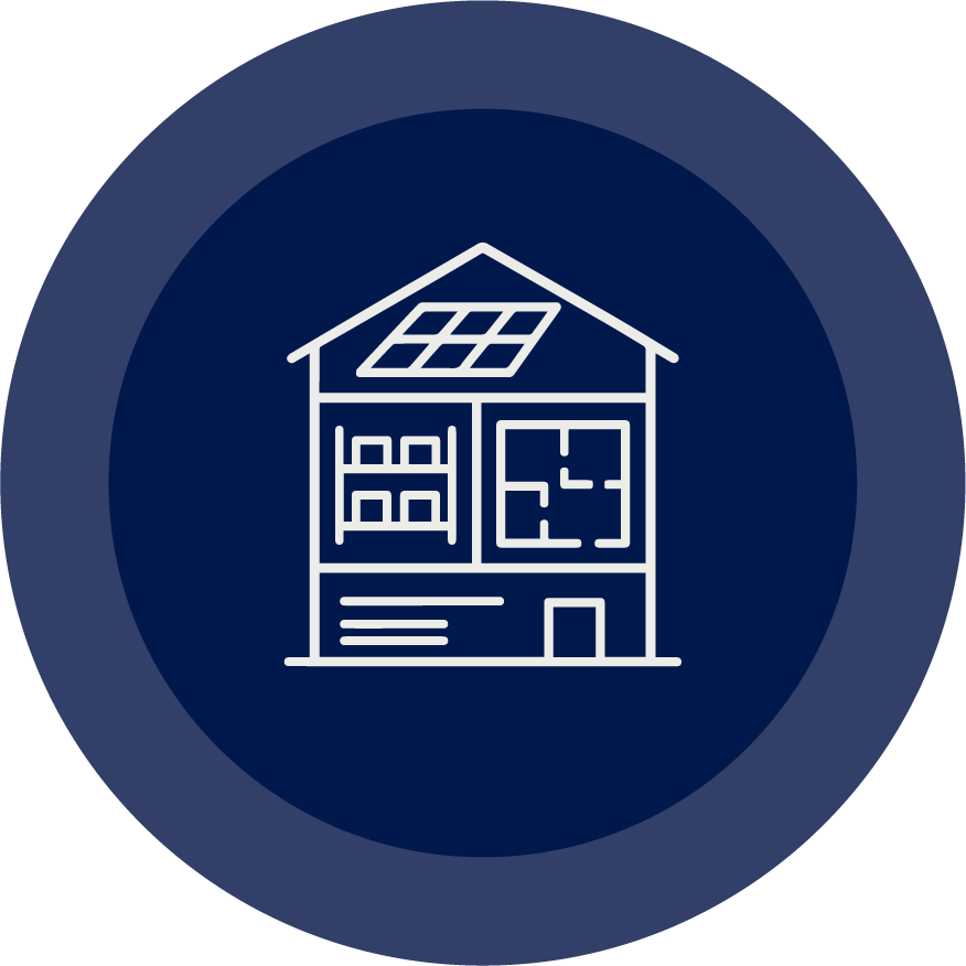 Icon of a house with solar panels on the roof and shelves inside representing energy efficiency or renewable energy.