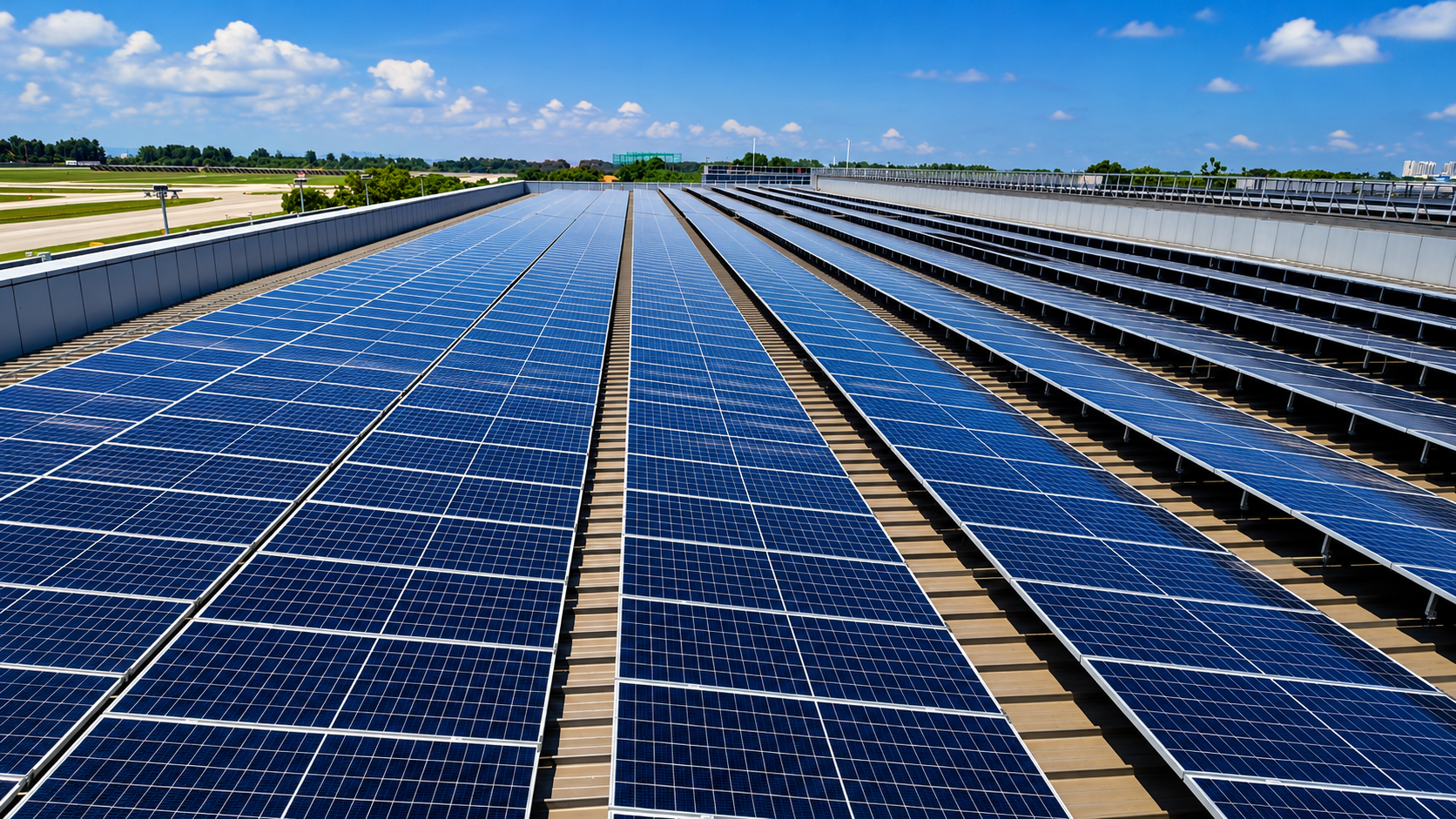 Rooftop solar panels installed on a building with a blue sky and some clouds in the background.