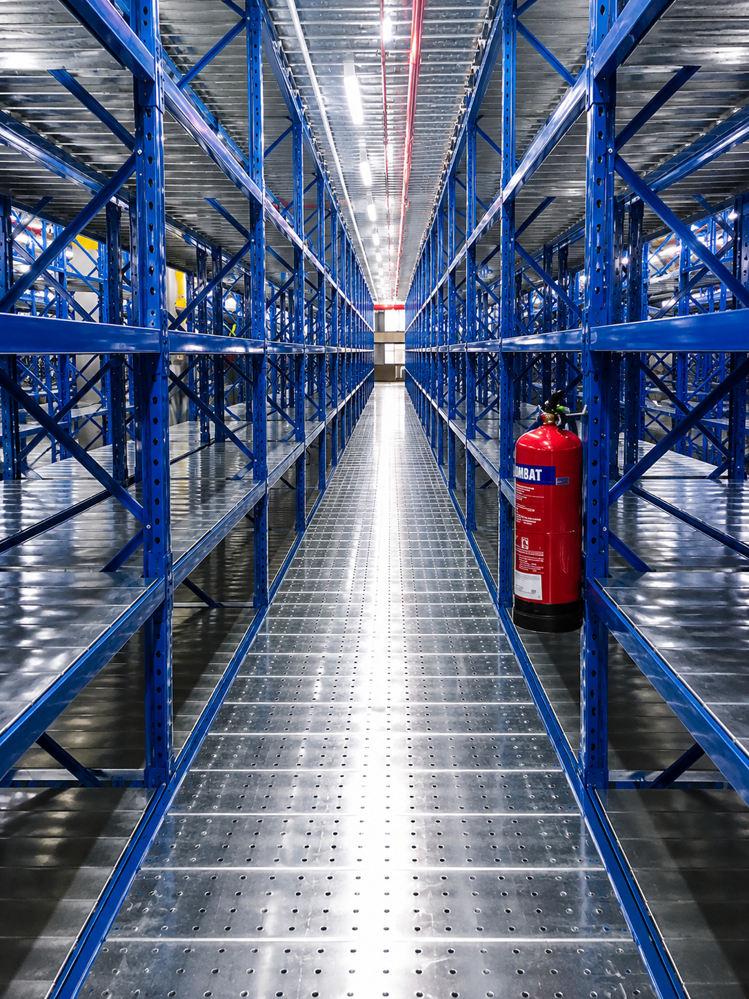 Empty industrial storage aisle with blue metal shelves, a red fire extinguisher on the right side, and overhead fluorescent lights.
