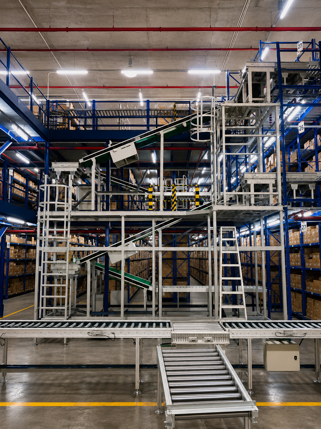 Automated warehouse with blue shelving units filled with brown boxes, conveyor belts, ladders, and industrial lighting.