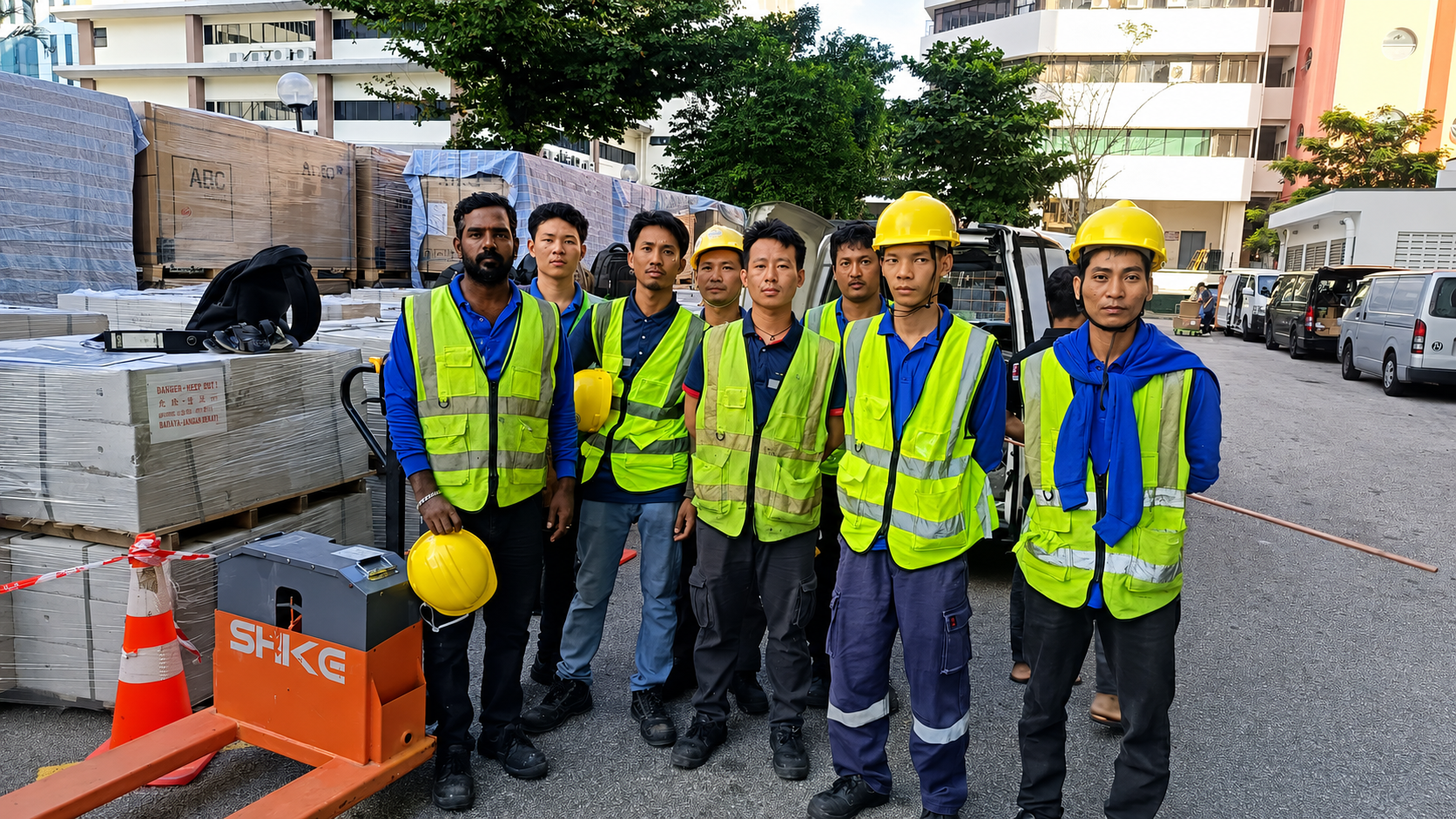 Group of construction workers standing outdoors near construction materials and vehicles, wearing yellow safety helmets and high-visibility vests.