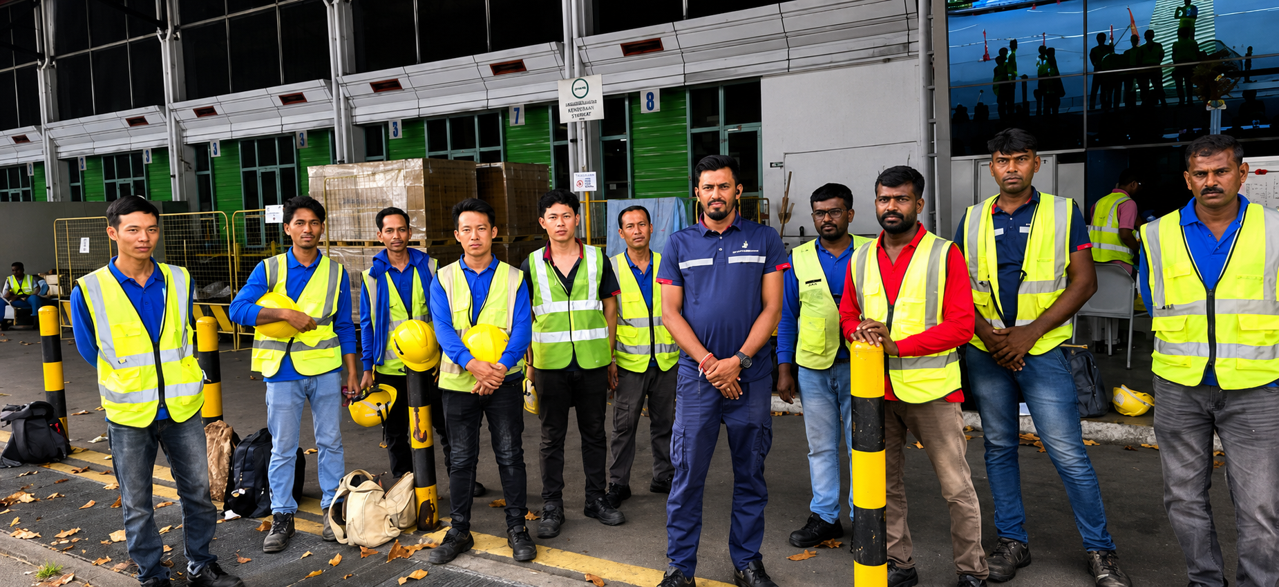 Group of workers wearing safety vests and helmets standing outside a warehouse or loading dock.