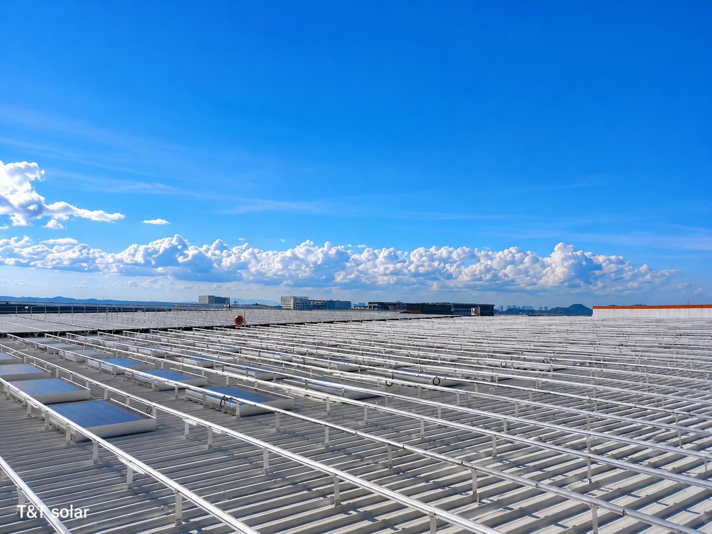Solar panels installed on a rooftop against a bright blue sky with scattered clouds and distant cityscape.