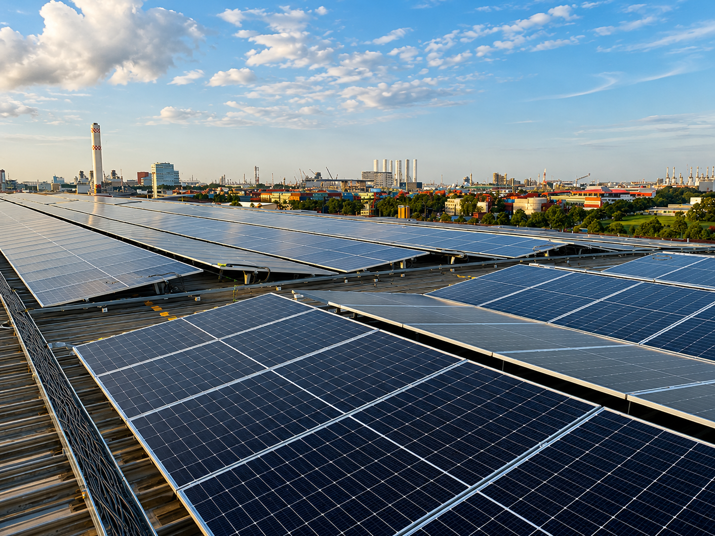 Solar panels installed on a rooftop with an industrial cityscape in the background under a blue sky with clouds.