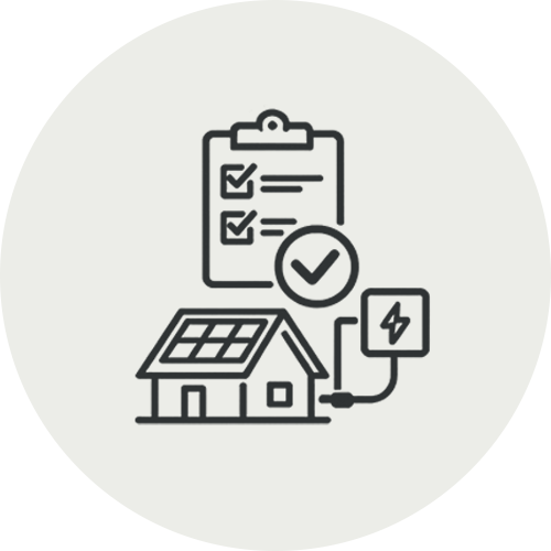 Outline of a house with solar panels, a checklist on a clipboard, a large checkmark, and an electric charging station with a lightning bolt symbol.