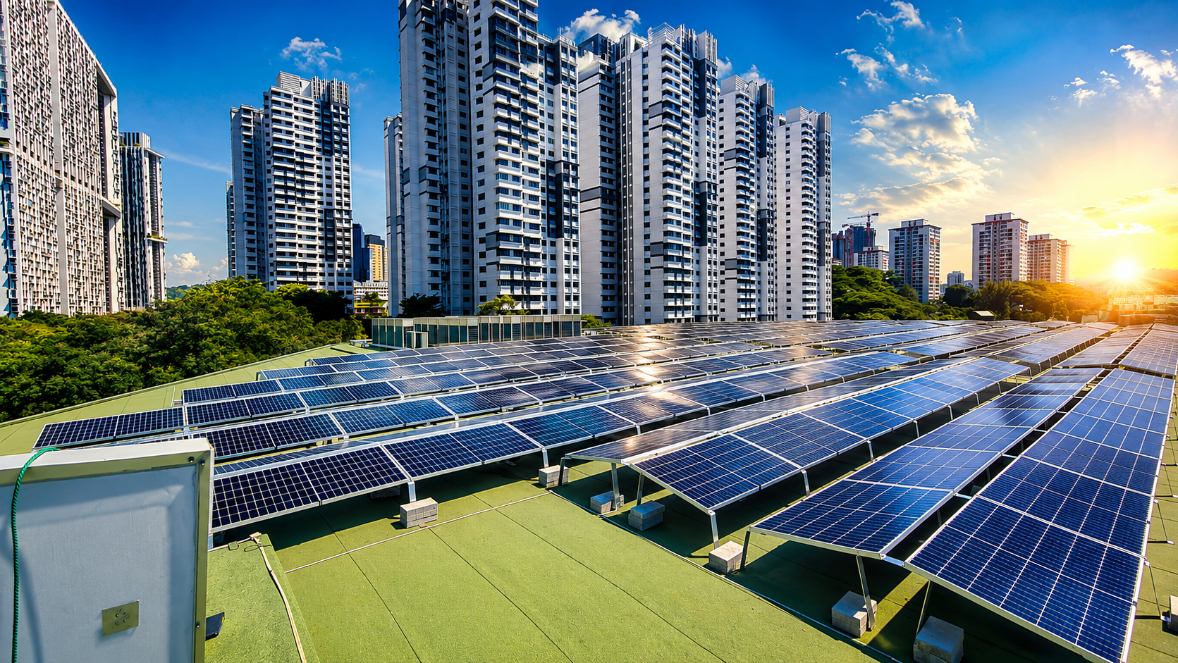 Solar panels installed on a green rooftop with tall apartment buildings and trees in the background during sunset.