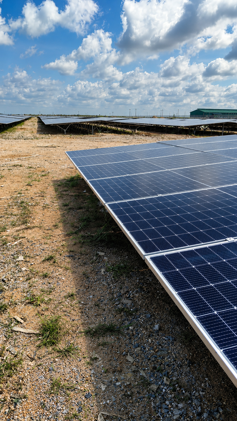 Solar panels installed outdoors under a partly cloudy sky on a dry, sandy ground.