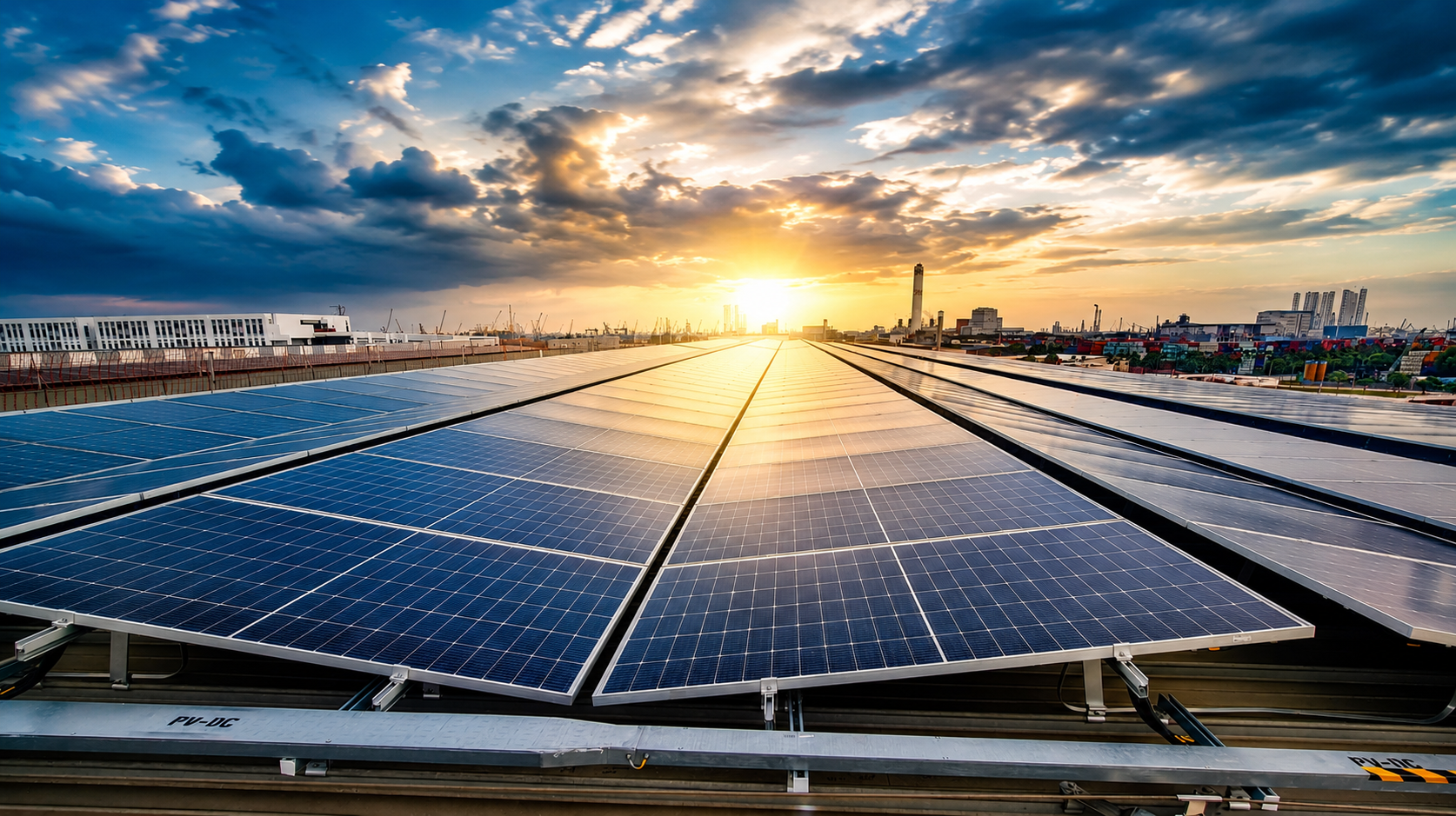Solar panels on a rooftop with a city skyline in the background during sunset.