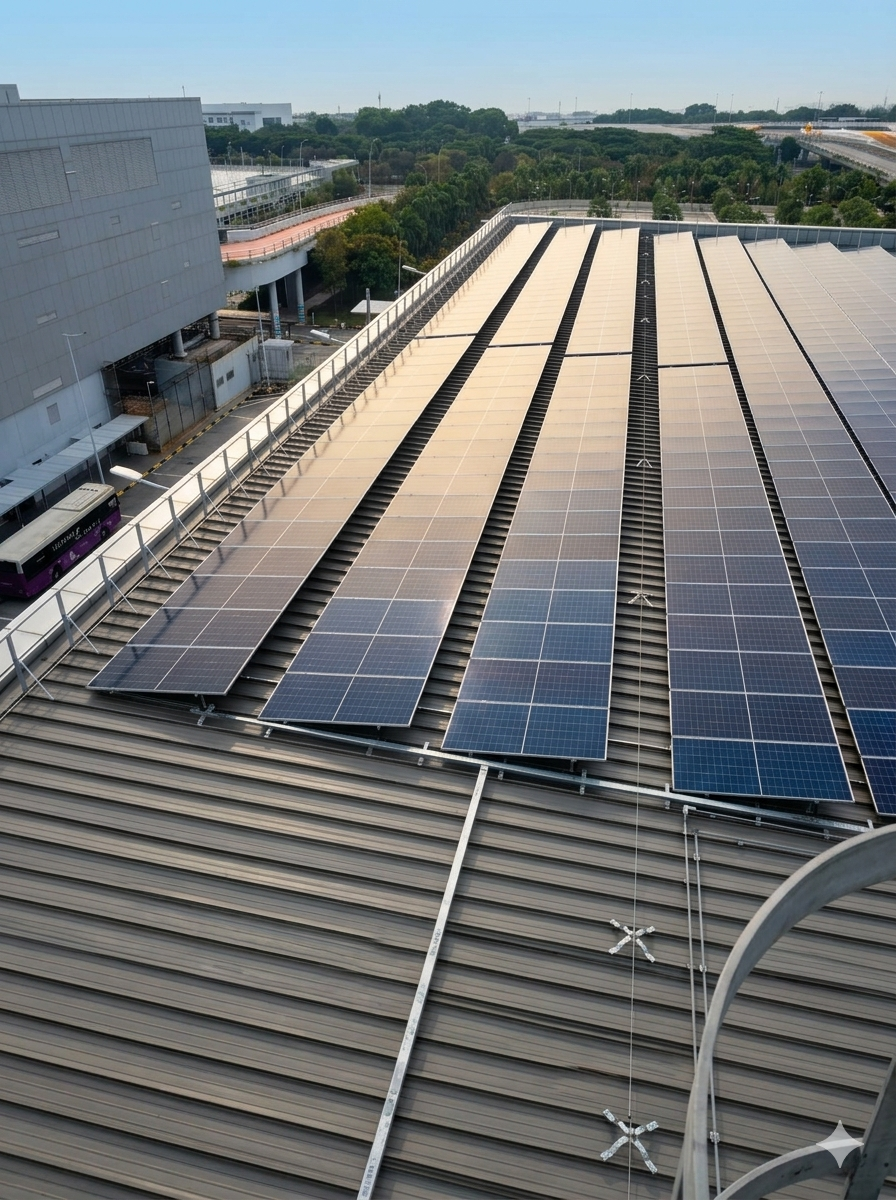 Multiple solar panels installed on a metal rooftop of a commercial building, with a large modern building and green trees in the background.