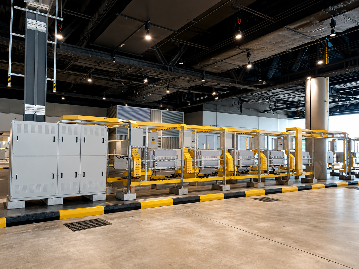 Interior view of an industrial or data center space with electrical cabinets and equipment, yellow safety barriers, and overhead lighting.