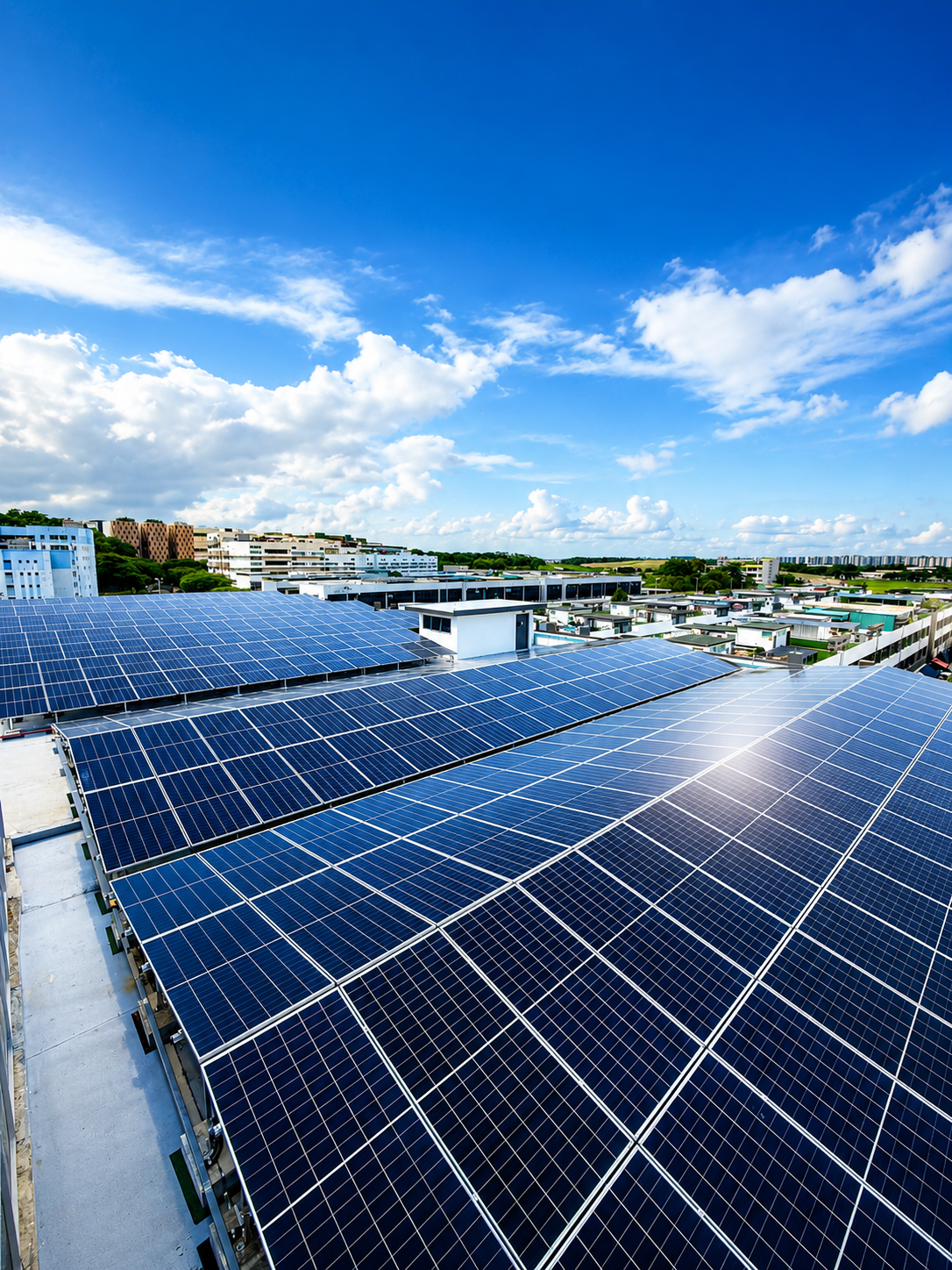 Rooftop solar panels on a building under a partly cloudy sky