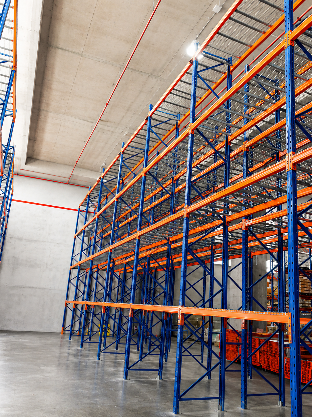Empty industrial warehouse with tall blue and orange metal storage racks and concrete walls.