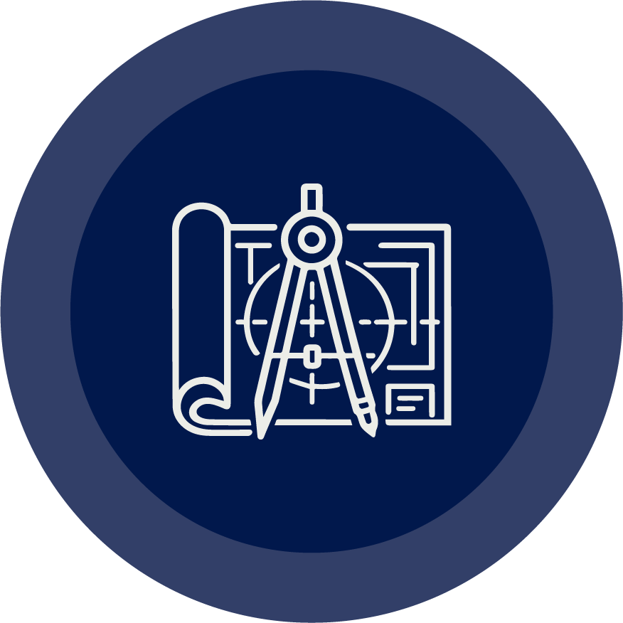 Line drawing of architectural blueprints, a compass, and drafting tools on a dark blue circular background.