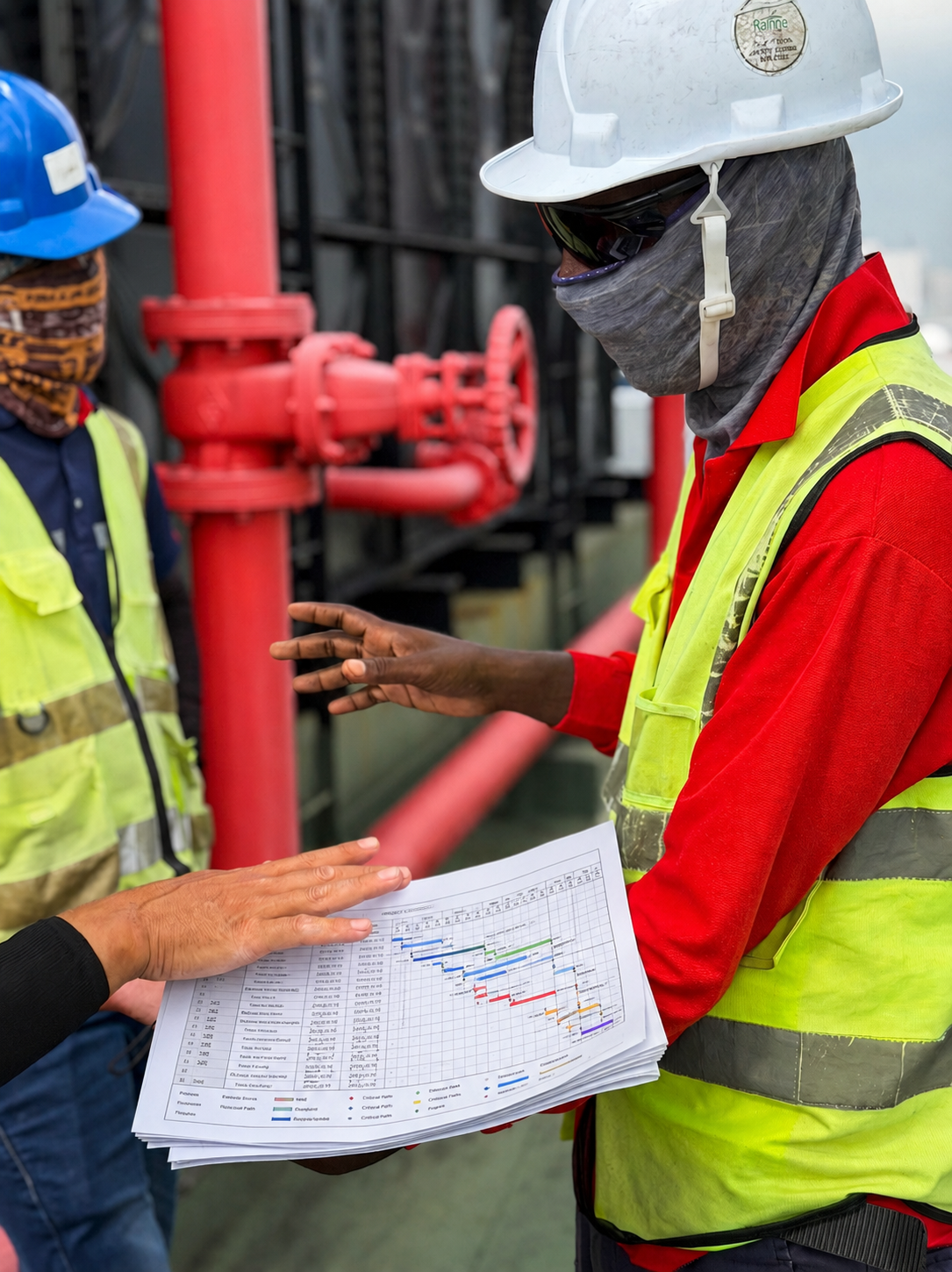 Two construction workers in hard hats and safety vests reviewing a project schedule on paper at an industrial site featuring red piping.