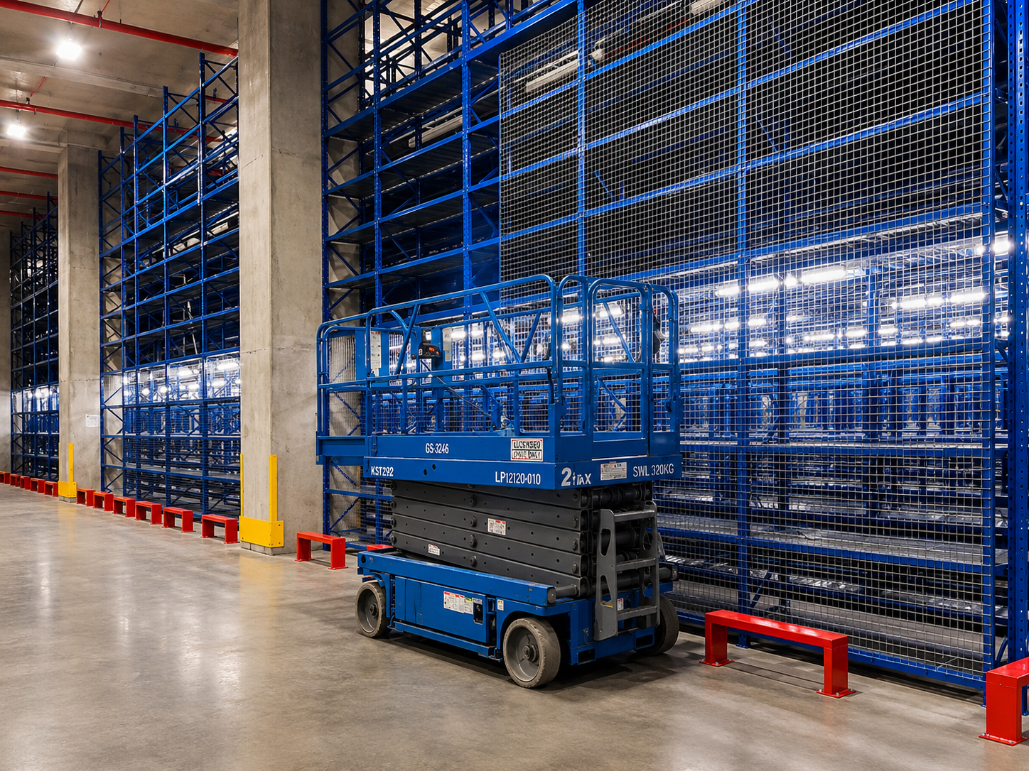 Inside a warehouse with tall blue metal shelving units, a blue scissor lift with safety barriers around its platform, and concrete pillars supporting the ceiling.