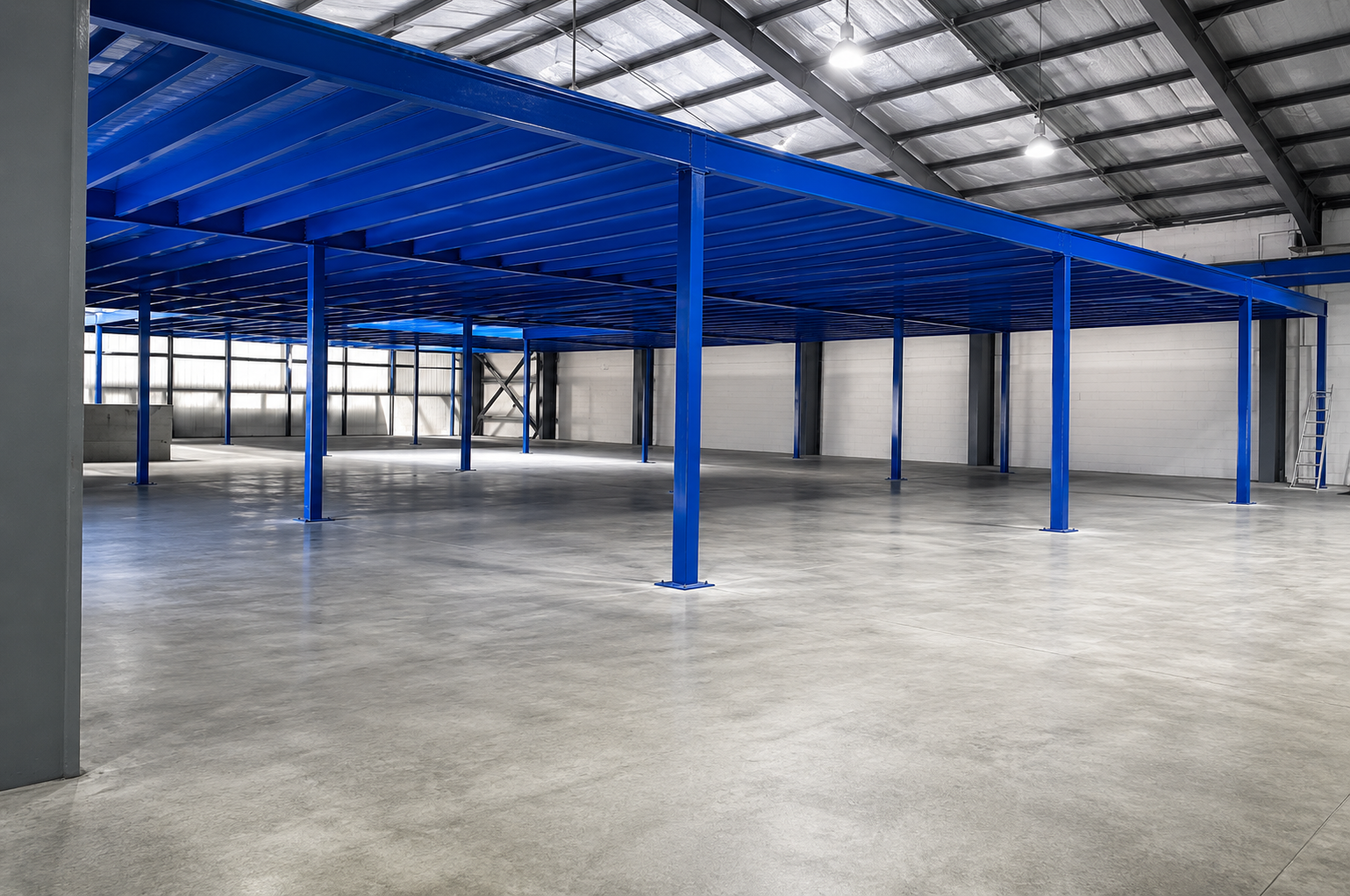 Empty industrial warehouse with a blue metal mezzanine and concrete floor.