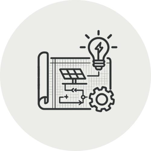 Icon of a rolled-up blueprint with a solar panel, a gear, and a lightbulb