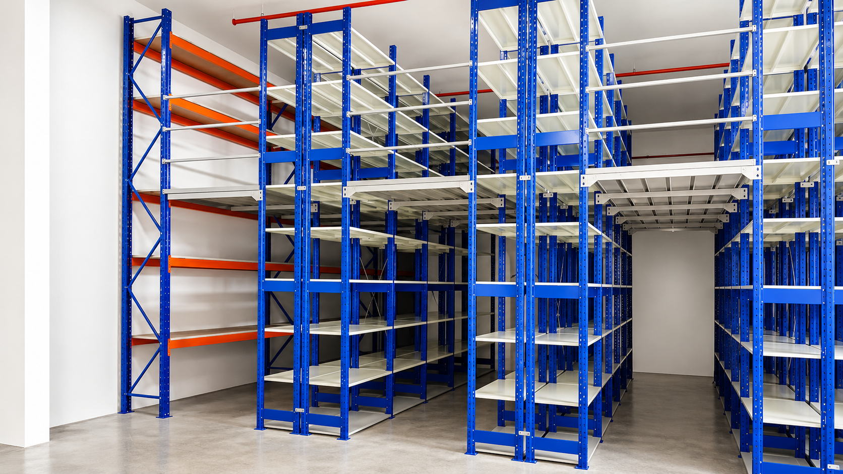 Empty industrial storage shelves with blue frames and white shelves in warehouse.