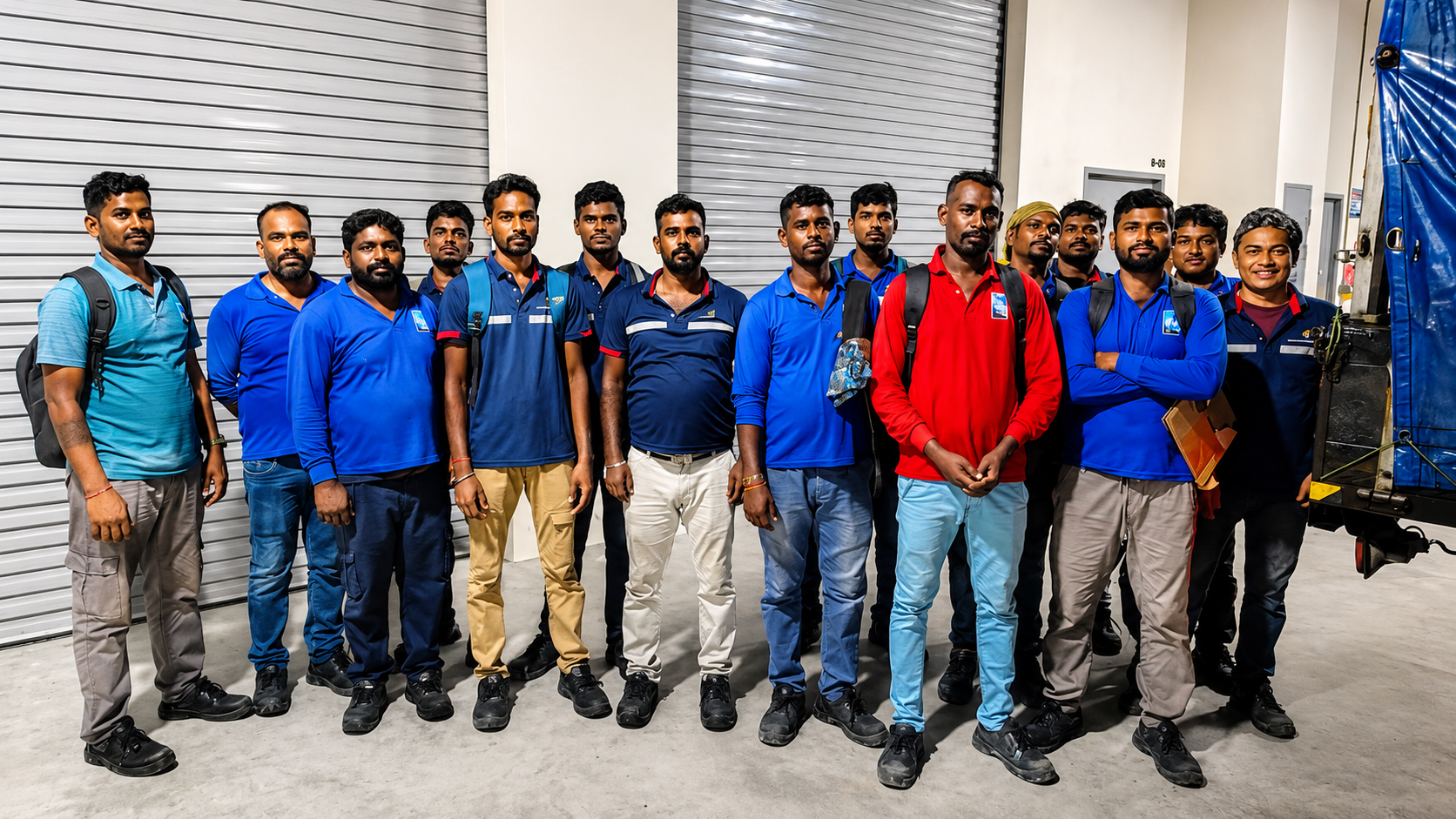 Group of 16 men standing in front of a metallic shutter door, some wearing blue uniforms and carrying backpacks, one in a red jacket, all posing for a photo inside a warehouse or industrial facility.