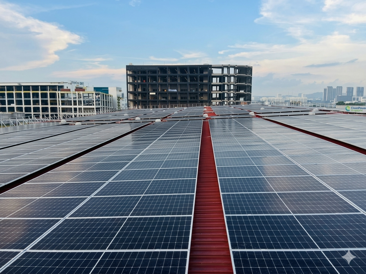 Solar panels installed on the roof of a building with a city skyline in the background.