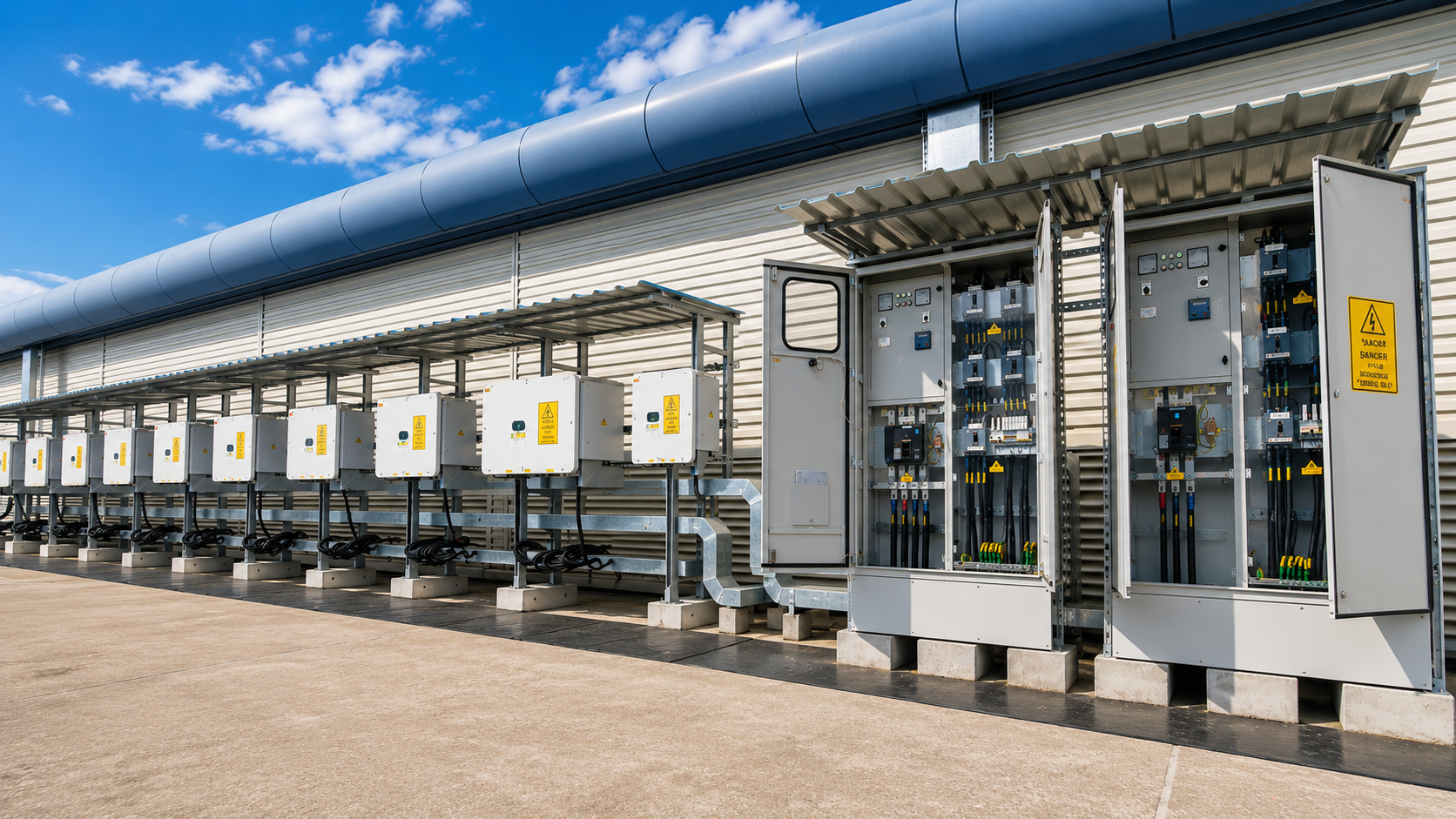 Electrical utility boxes and controls mounted on a metal structure outside a building with a metal roof, under a blue sky with clouds.