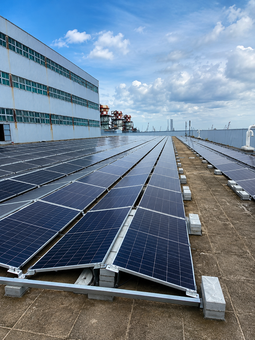 Solar panels installed on the roof of a building, with a cityscape and blue sky with clouds in the background.
