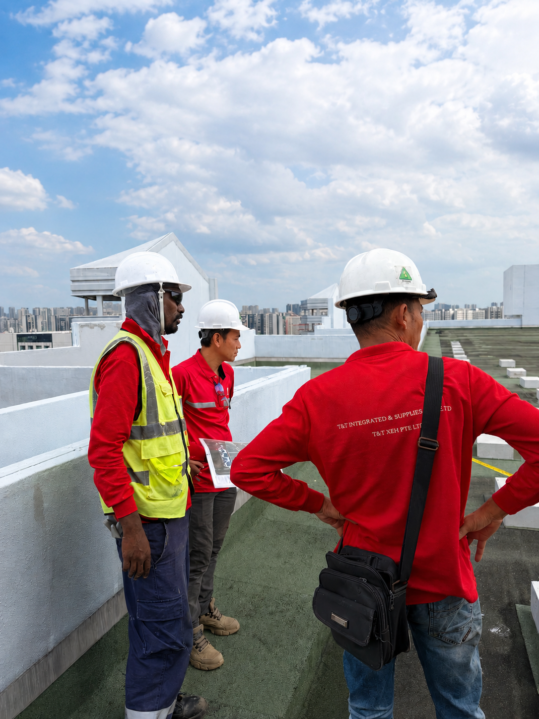 Three construction workers in safety helmets and red shirts standing on a rooftop, overlooking a city skyline with clouds in the sky.