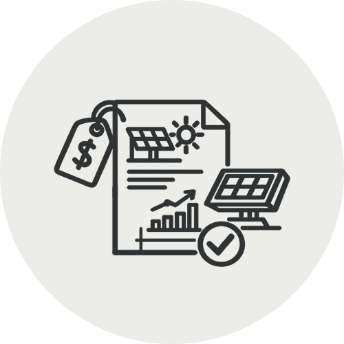 Line drawing of a solar panel and document with financial graphs, a price tag, and a checkmark.