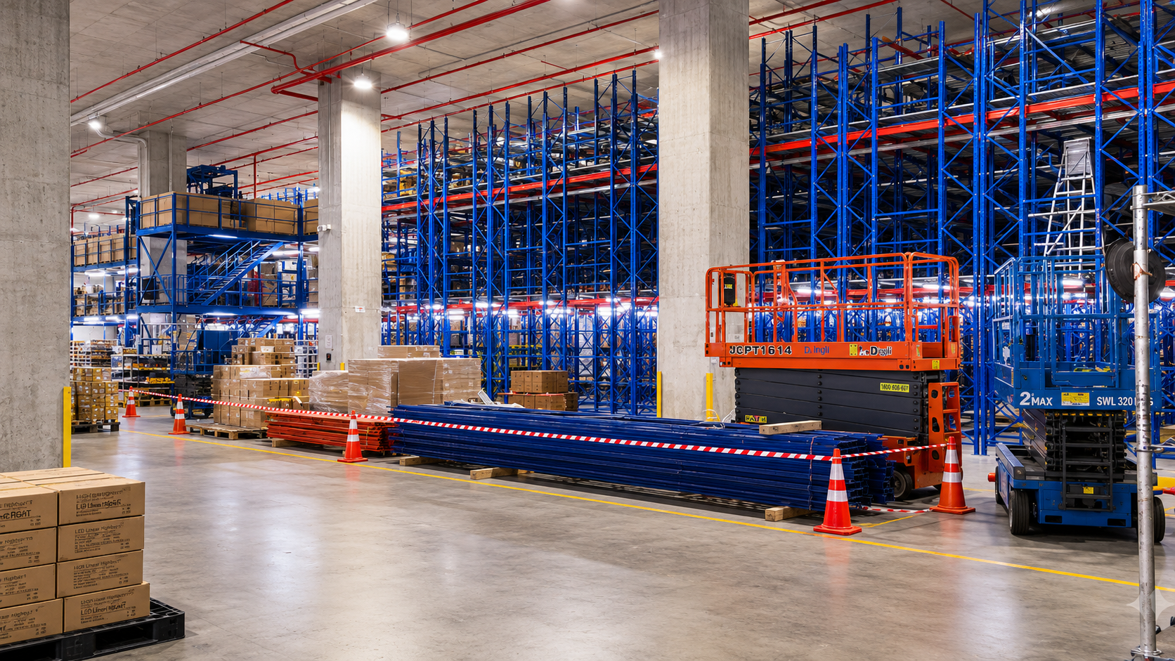 Inside a large industrial warehouse with tall blue shelving units, scaffolding, and storage racks filled with boxes and supplies. Construction equipment, including an orange scissor lift and a blue pallet jack, is present on the clean concrete floor 