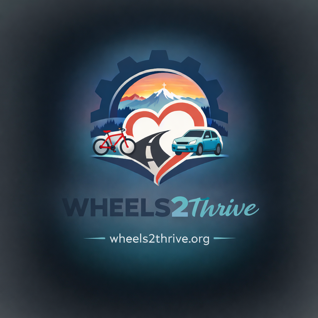 Logo for Wheels 2 Thrive organization featuring a mountain with a cross, a sunrise, a road, a bicycle, and a car, with the organization’s website URL wheels2thrive.org.