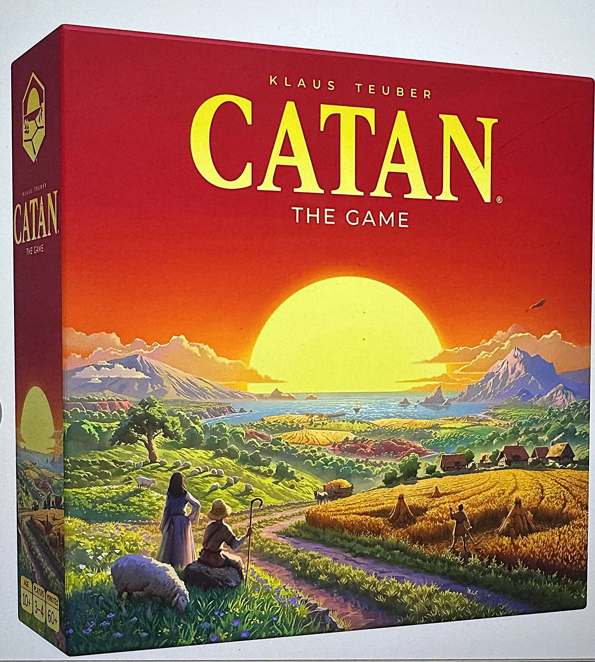 A colorful illustration of a rural landscape with mountains, fields, a river, and people farming and working, for the Catán board game.