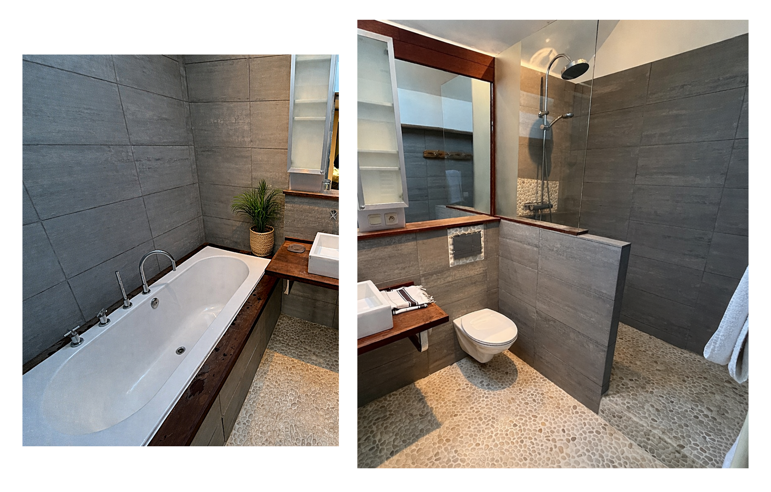 Photos of a modern bathroom showing a bathtub with a wood shelf, a potted plant, a large mirror, a toilet, and a walk-in shower with a rain showerhead, gray tiled walls, and pebble flooring.