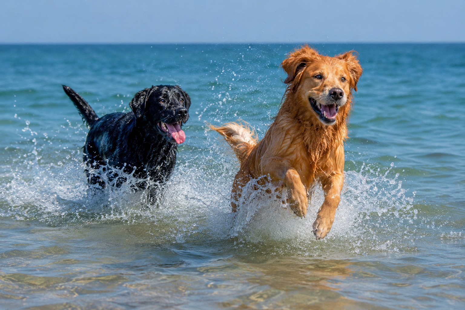 Two dogs, a black and a golden retriever, running through the shallow ocean water, splashing as they play on a sunny day.