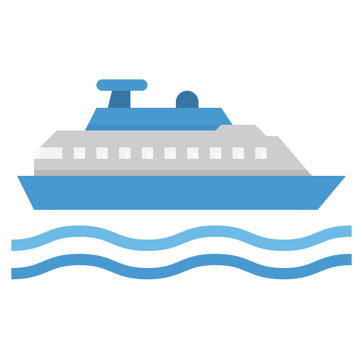 Illustration of a blue and white cruise ship sailing on water with blue waves.