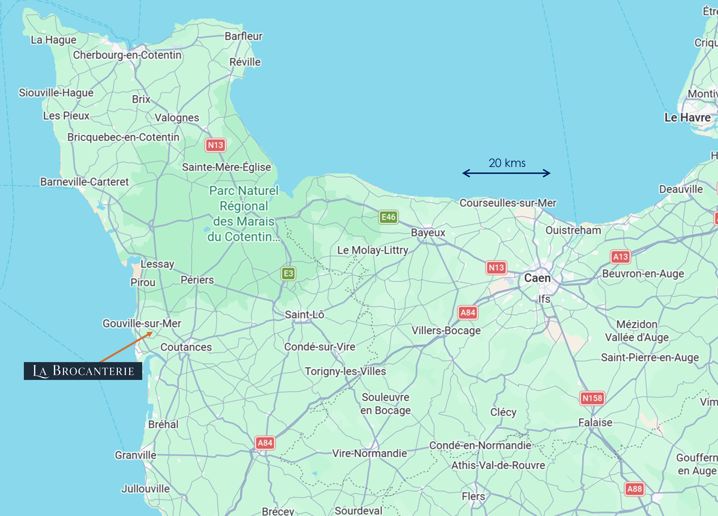 Map of northern France showing towns and roads, with a section of the English Channel and some nearby islands.