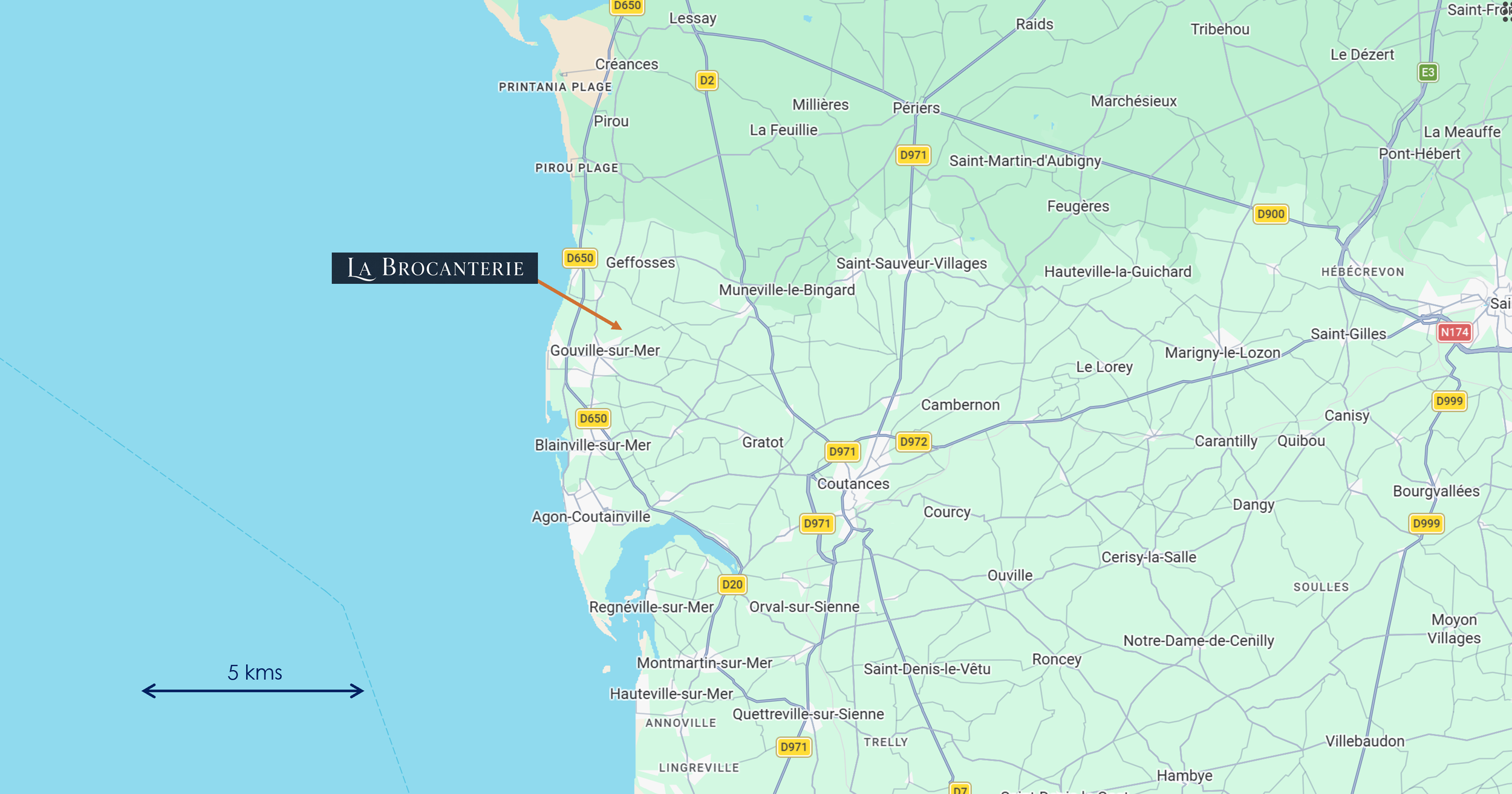 Map showing the location of La Brocante near the coast in northern France, with nearby towns and roads.