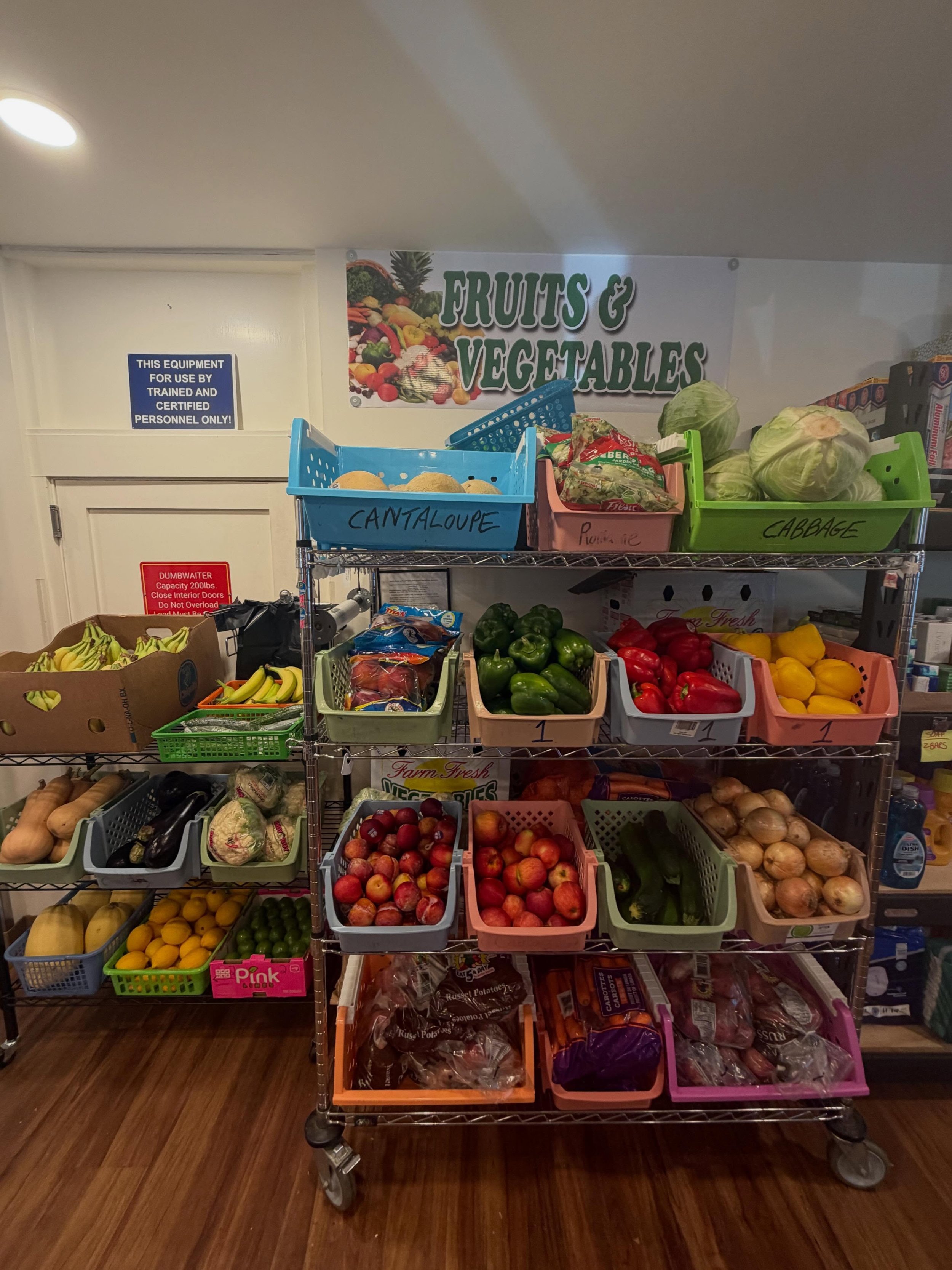 Look at this gorgeous spread! Our shelves are packed with fresh fruits and veggies. From ripe bananas and juicy plums to colorful peppers, eggplant and cabbage, we&rsquo;re grateful to be able to offer our clients a wide variety of produce each week.