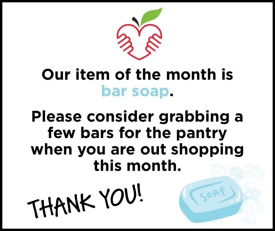 This month, please help us stock our shelves with bar soap for our clients. As a reminder, we have drop-off locations all around town including:

@brissonte 
@fitrev 
@flintmemoriallibrary
North Reading Post Office
@stopandshop 

We also accept in-pe