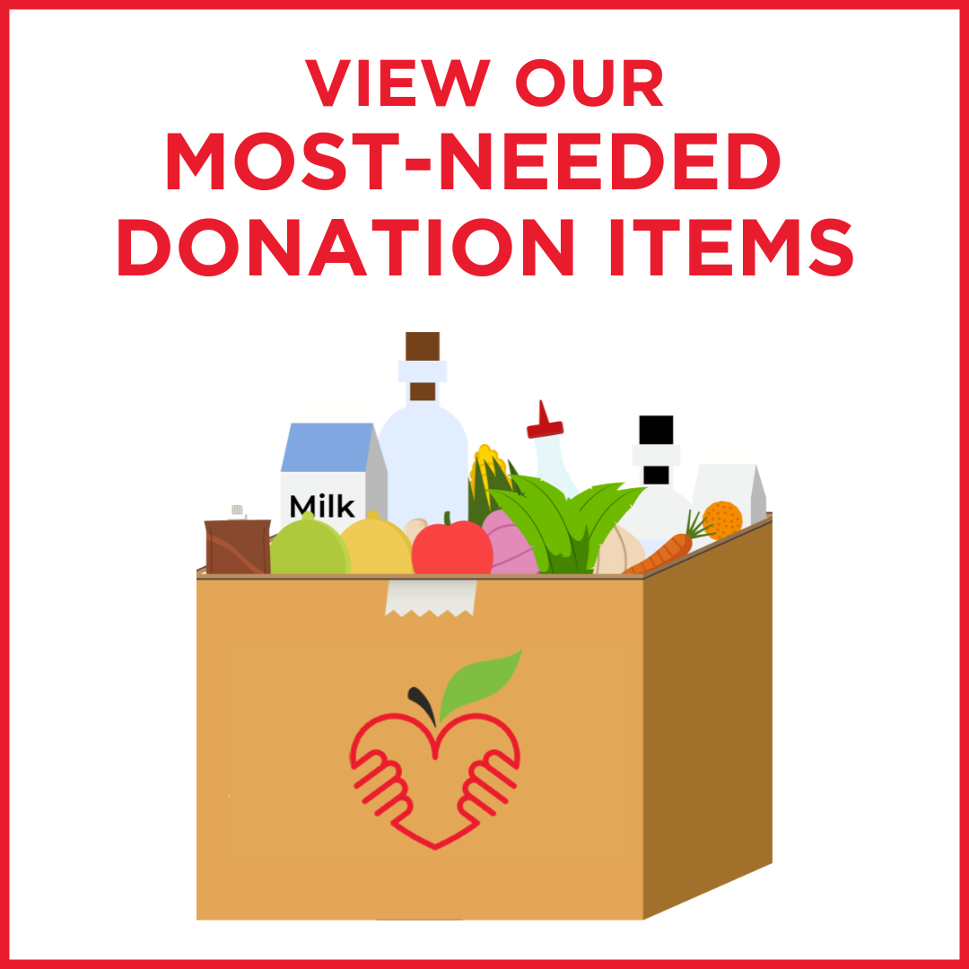 A donation box filled with various food and drink items, including milk, bottled water, fruits, vegetables, and condiments, with red text above reading 'View Our Most-Needed Donation Items' and a red outline border.