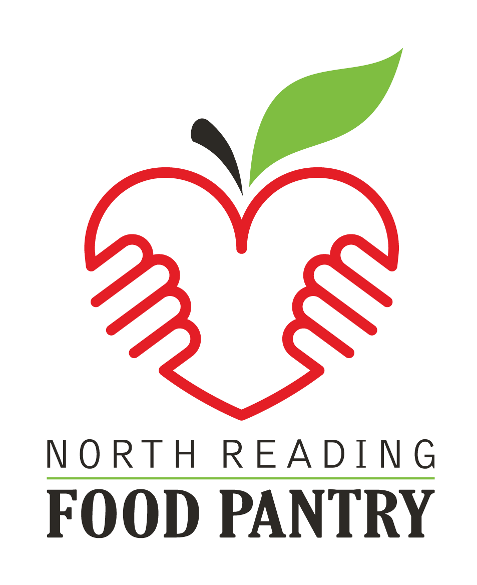 Logo of North Reading Food Pantry with a red heart made of two hands holding an apple, a green leaf on top, and text below that says 'North Reading Food Pantry'.