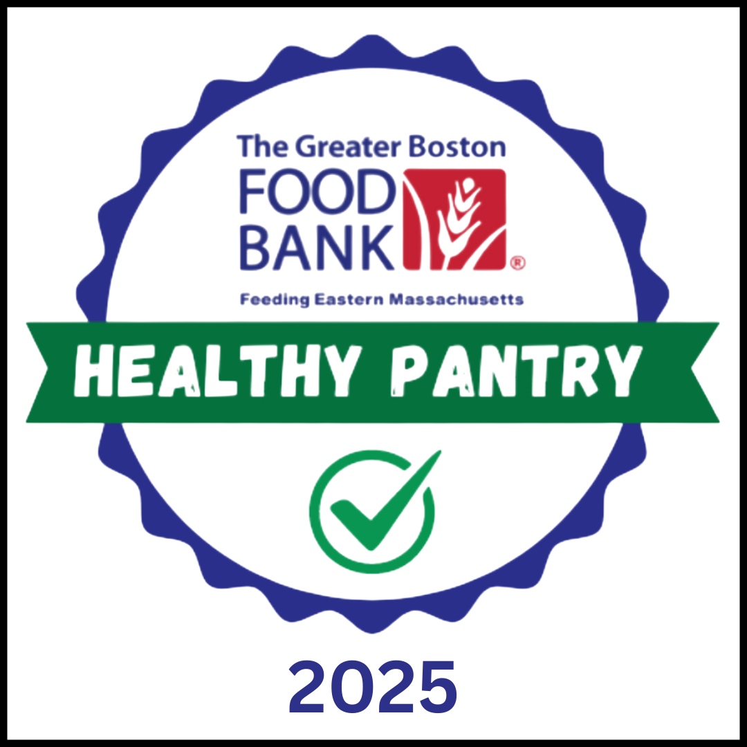 Badge from the Greater Boston Food Bank for Healthy Pantry 2025, featuring a blue circular border, a white background, the organization's logo at the top, and a green banner with white text that says 'Healthy Pantry,' along with a green checkmark and the number 2025.