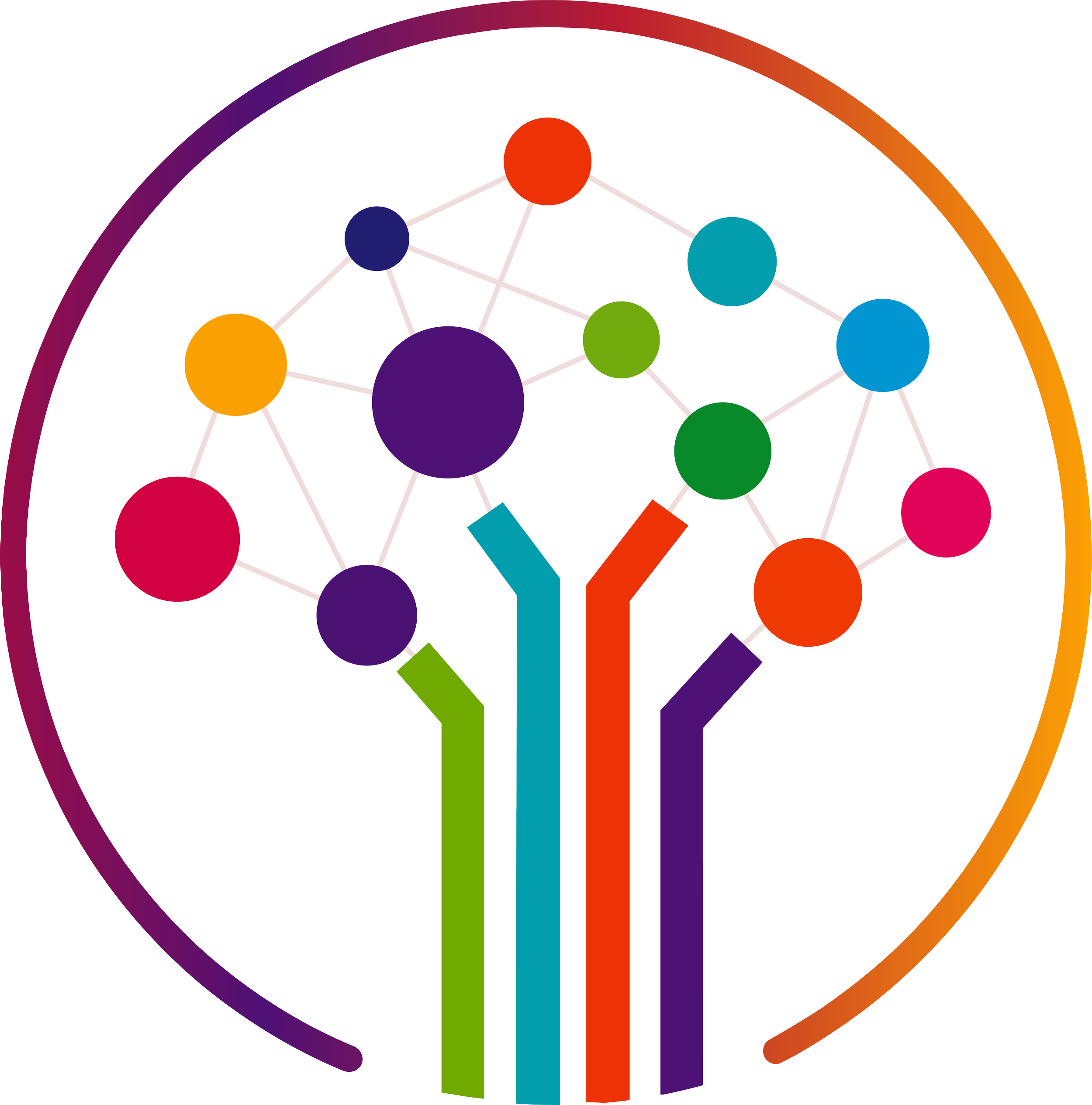 Colorful network diagram or abstract illustration with various colored circles connected by lines, within a circular frame.