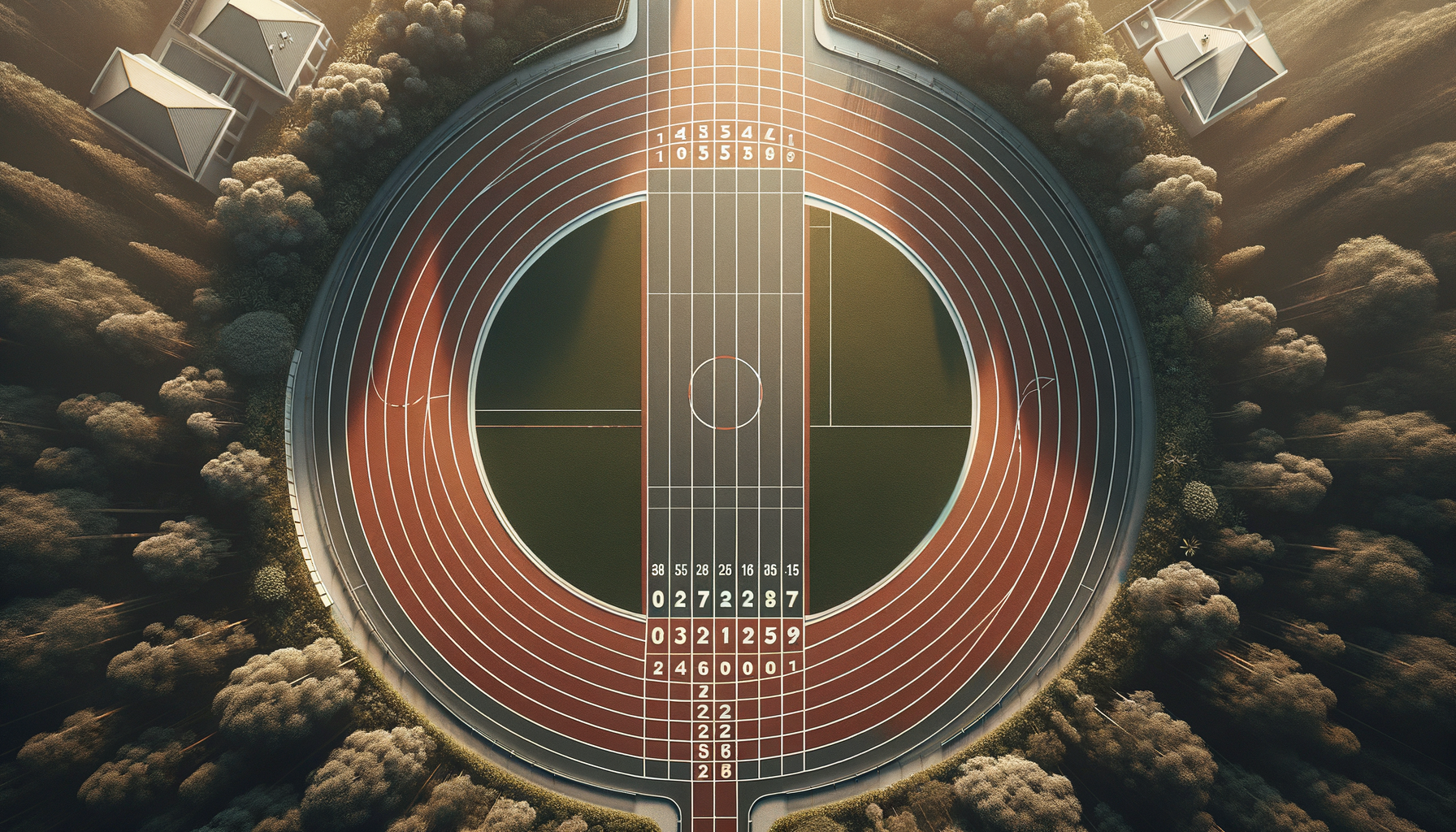 An aerial view of an outdoor running track with numbered lanes, surrounding green fields, trees, and residential houses.