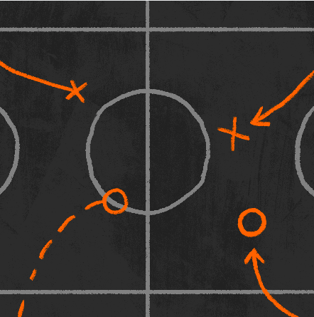 Tactical diagram of a hockey rink with marked player positions and movement arrows.