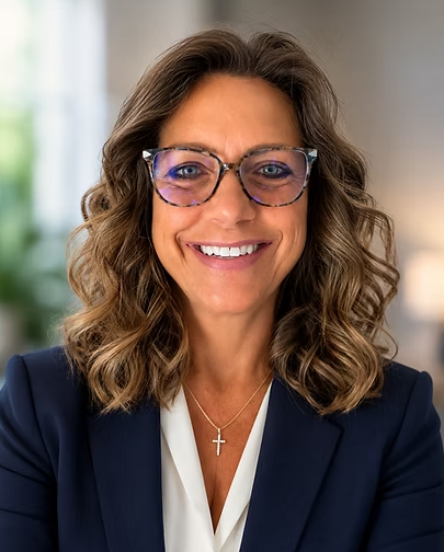 A picture of Tanya Sobaski. A smiling woman with wavy brown hair, wearing glasses, a navy blazer, and a cross necklace, in an office setting.