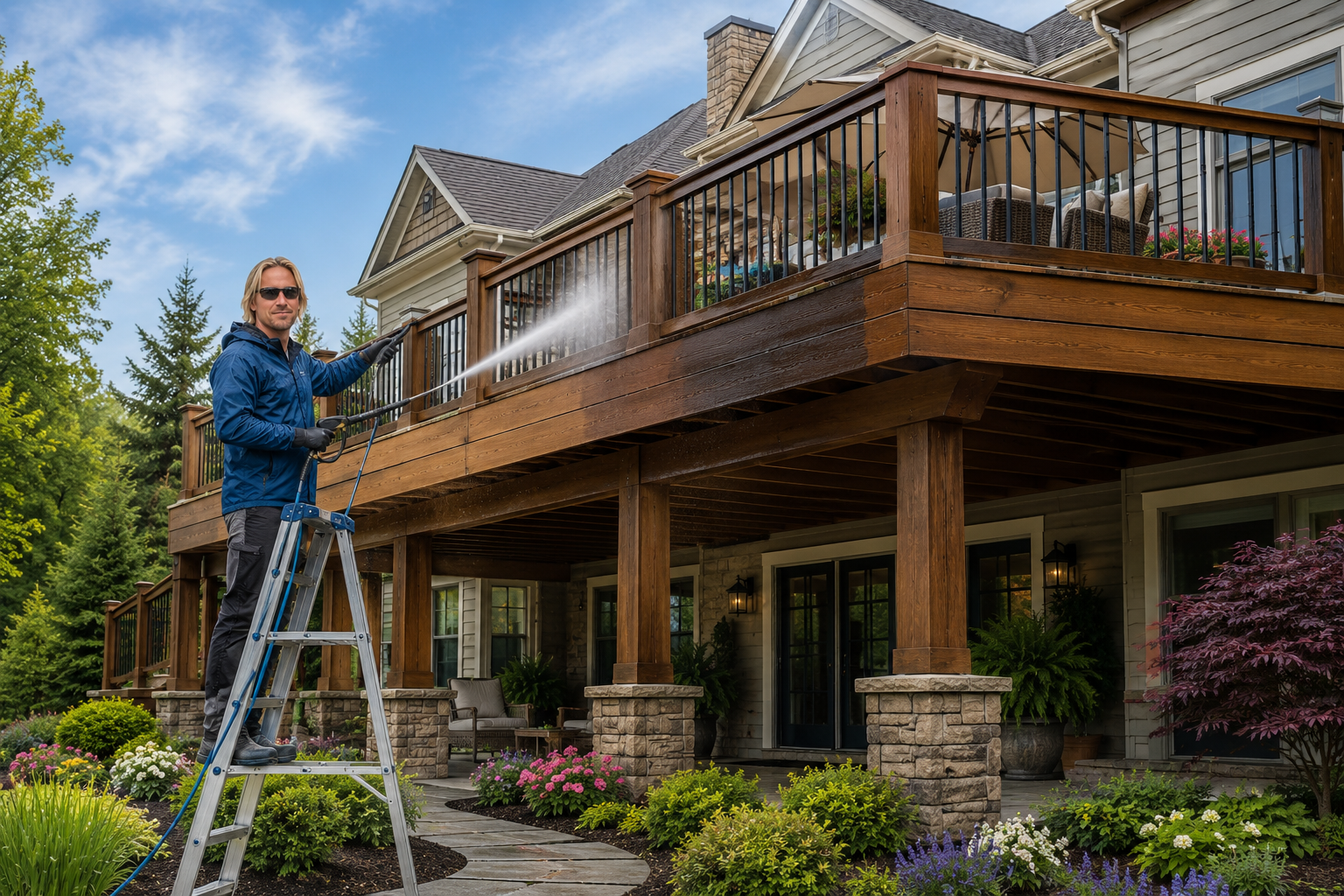 Man watering the wooden deck of a house with a garden below, under a partly cloudy sky.